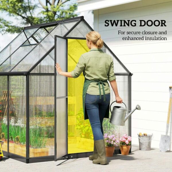 6 x 5.5ft Polycarbonate Greenhouse, Quick Setup Walk in Green House, Push Door, Adjustable Roof Vent, Rain Gutter, Black