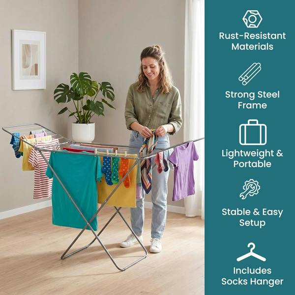 Laundry Mate Extendable Clothes Airer with Sock Clip 18M Drying Space Clothes Horse with Non-Slip Feet - Winged Foldable Laundry Rack