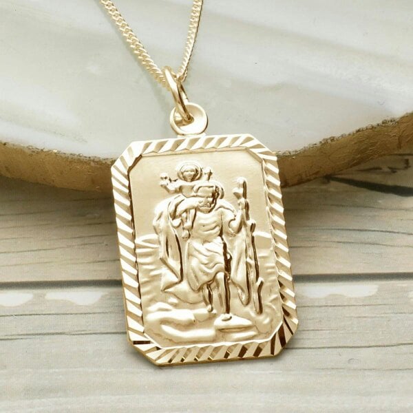 Christopher James of London 9ct Yellow Gold Plated Diamond Cut Large Rectangle St Christopher Pendant With Optional Engraving and Chain
