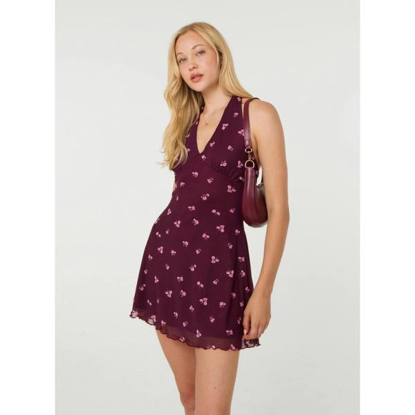 Pink Vanilla Floral Polka Dot Mesh Halter Dress