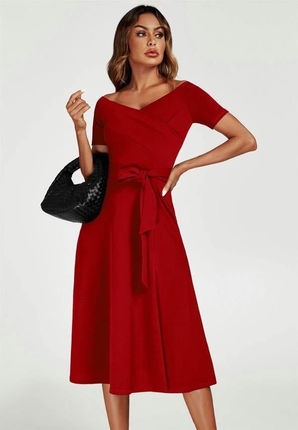 FS Collection Bardot Midi Dress In Red