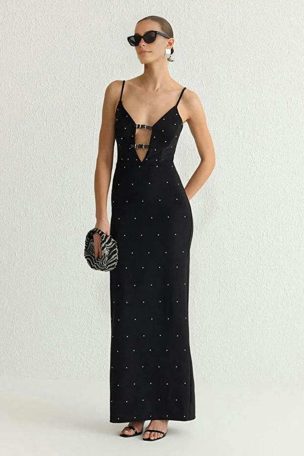 WOVCOR Shiny Stone Embellished Belt Accessory Detail Woven Long Evening Dress