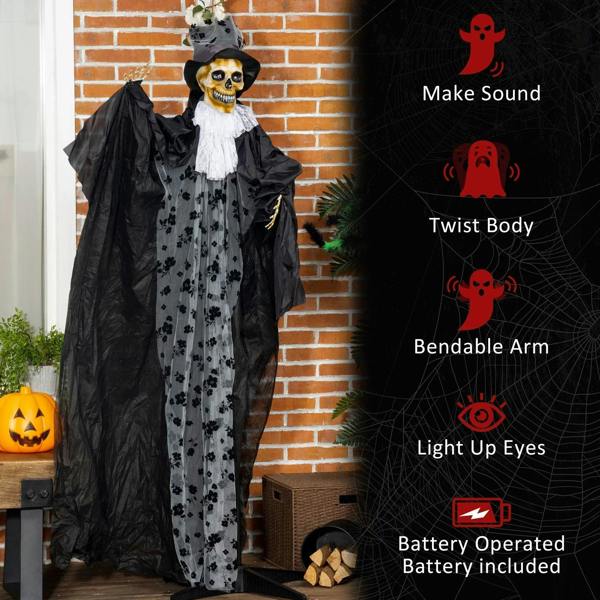Black ghost bridegroom animatronic prop with light-up eyes, top hat, flowing robe, bendable arms