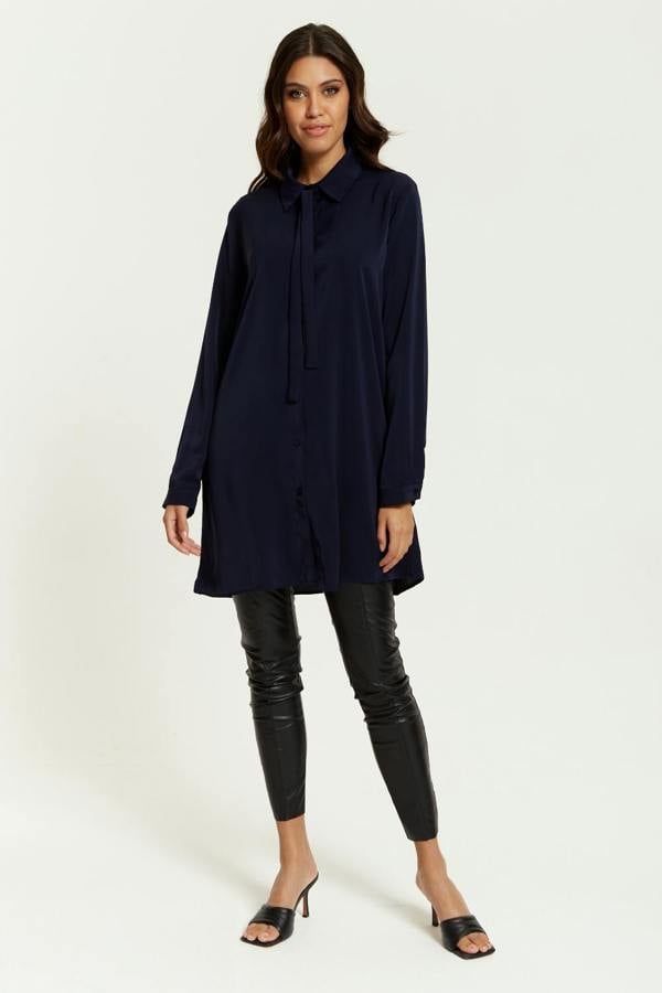 Hoxton Gal Oversized Tie Detailed Shirt Tunic with Long Sleeves in Navy