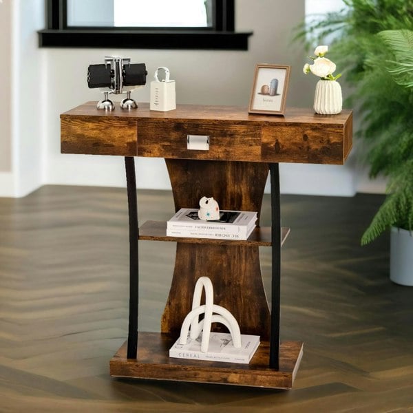 Rafaelo Mobilia Industrial Console Table T-Shaped Rustic Brown