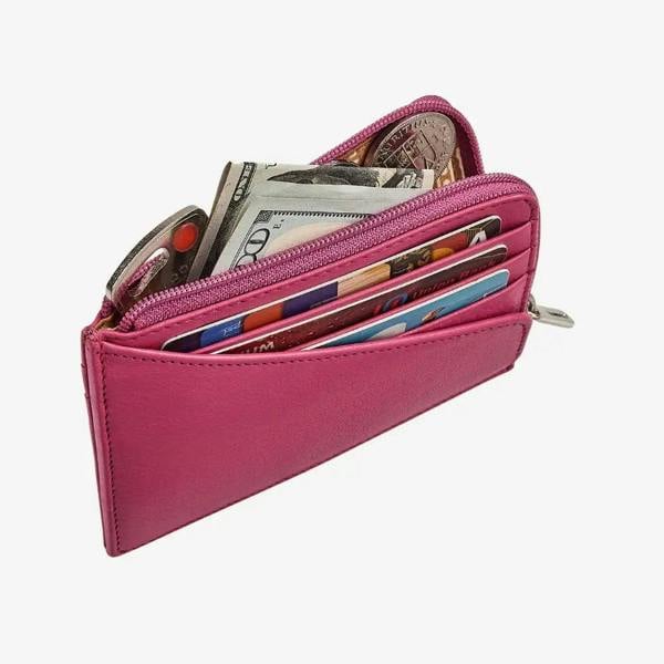 Pink leather card holder with zip closure and card slots