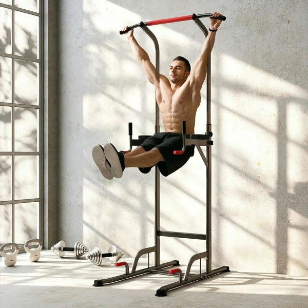 Power tower with red pull-up bar and dip station bars for hanging leg raise