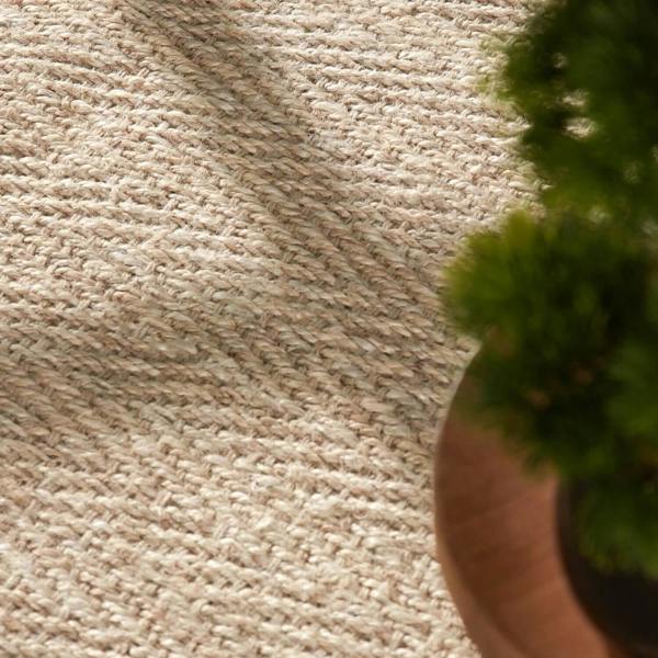Close-up of a textured beige carpet with a potted plant in the corner.