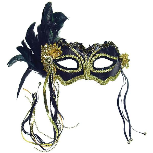 Bristol Novelty Metallic Side Feather Eye Mask - Black/Gold - 