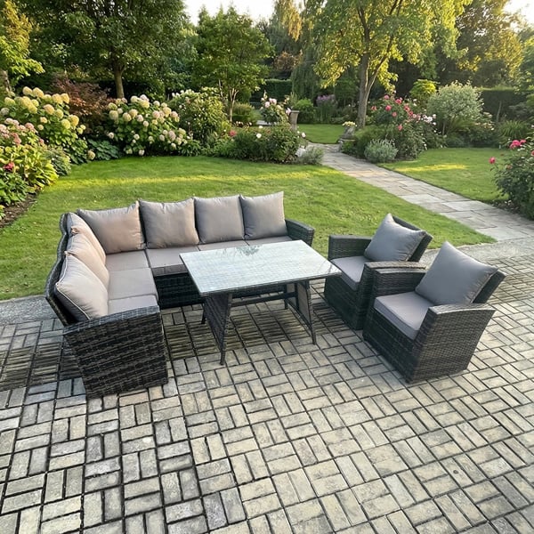 Fimous 8 Seater Rattan High Back Outdoor Garden Furniture Set with Corner Sofa, Dining Table, 2 Armchairs - Dark Grey