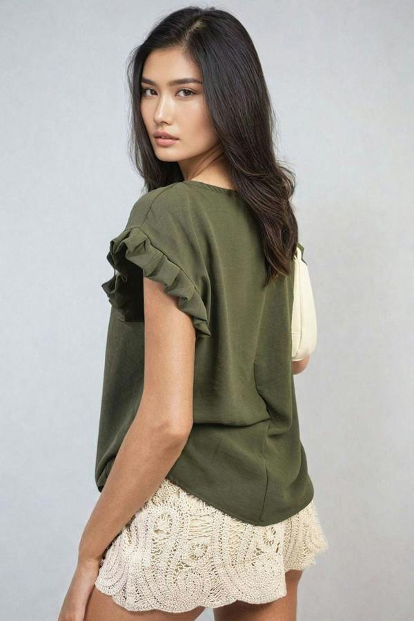 Vera Ruffle Trim Sleeve Top - Khaki