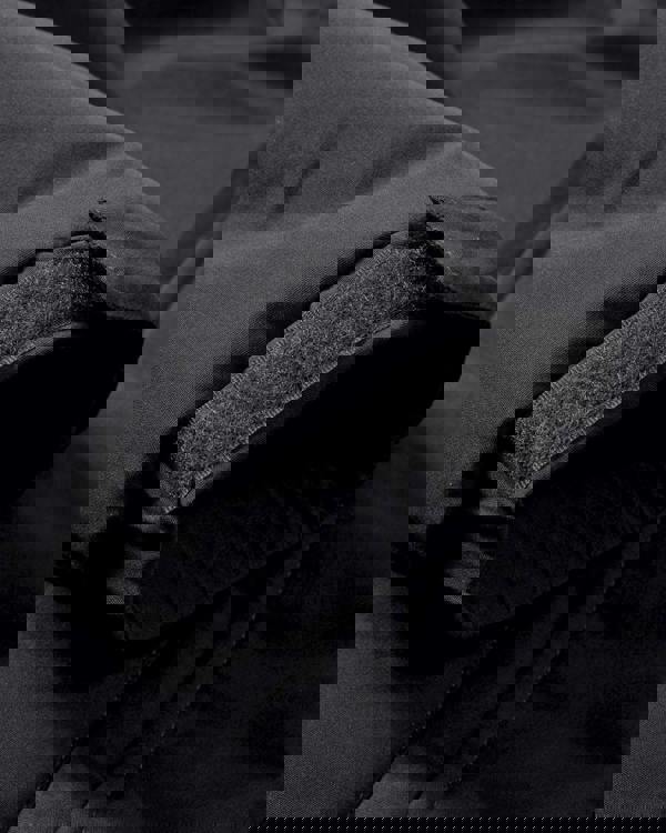 Lambretta Mens Padded Hooded Classic Badge Parka, close-up of the black padded hood with velcro strap for adjustment.