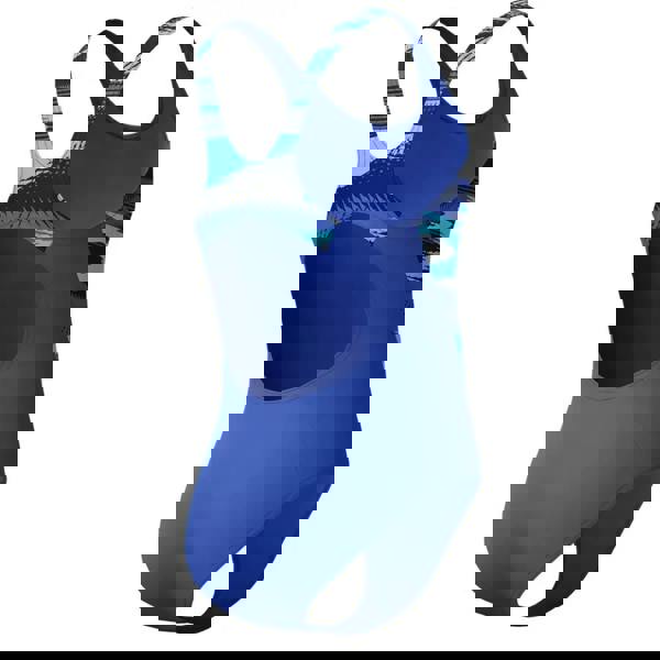 Speedo Girls Hyperboom Splice muscleback swimsuit in royal blue with geometric back pattern