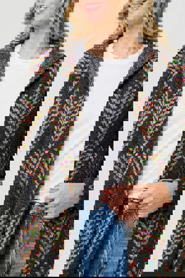 Grey | Abstract Print Longline Knitted Jacket
