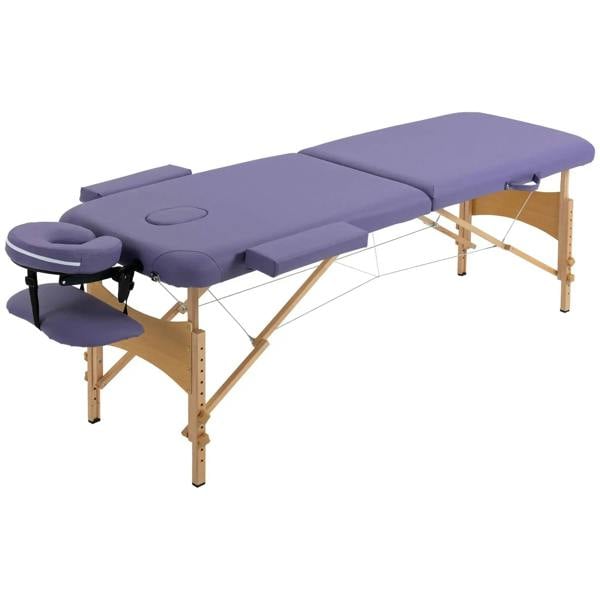 Purple folding portable massage bed with 2-section tabletop and wooden frame