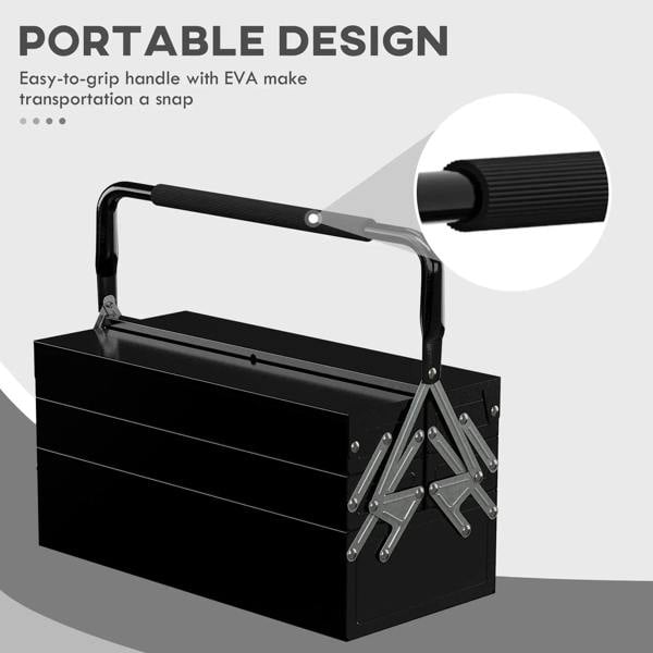 Black portable metal toolbox with carry handle and spring-fold connectors