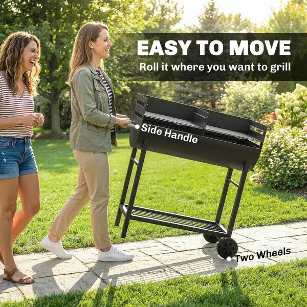 Bobobiy Charcoal Barbecue Grill with 2 Cooking Areas, Portable BBQ Trolley with Wheels, Height Adjustable Grates, Bottom Shelf
