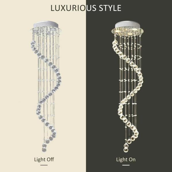 Crystal chandelier ceiling pendant with glass bead drops, light off and light on views