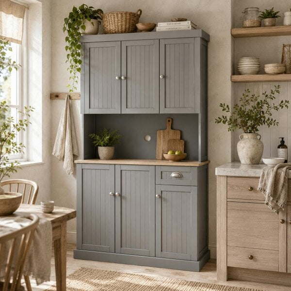 Wyld Haus Ririlo Wooden Grey 180 cm Tall Kitchen Storage Cabinet With OFauxn Counter Drawers And 6 Doors