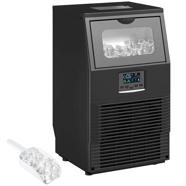 Black commercial ice maker with window, control panel, and front ice outlet grille with ice