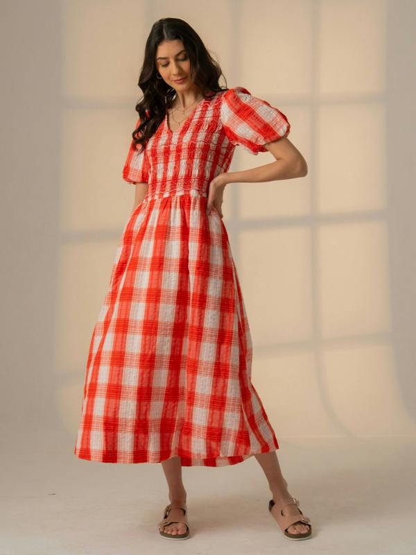 Rose & Nancy Nella Coral White Check Smock Midi Dress With Embroidery