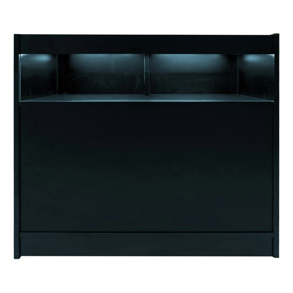 Theseus LED shop counter set in sleek black, featuring a smooth surface and integrated LED lighting for modern display aesthetics