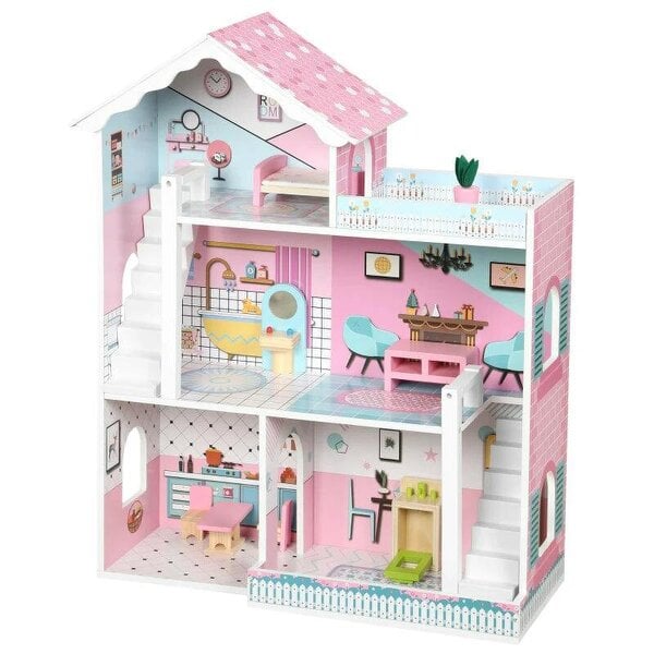 Wooden Dolls House, Large 3-Storey Modern Dollhouse with 10 Accessories, Pretend Play Toy Gift for Ages 3-6 Years, Pink