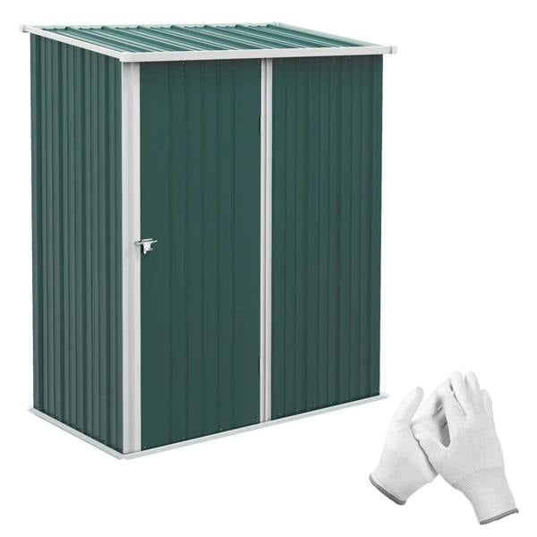Green corrugated steel garden shed with single hinged door and latch