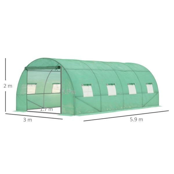 Green walk-in greenhouse tunnel with zip door front and several mesh window panels