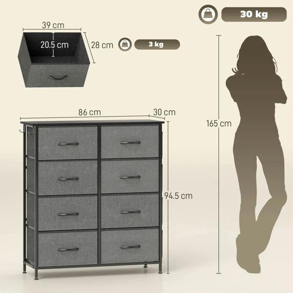 Charcoal grey fabric drawer chest with eight drawers, weight and size guide