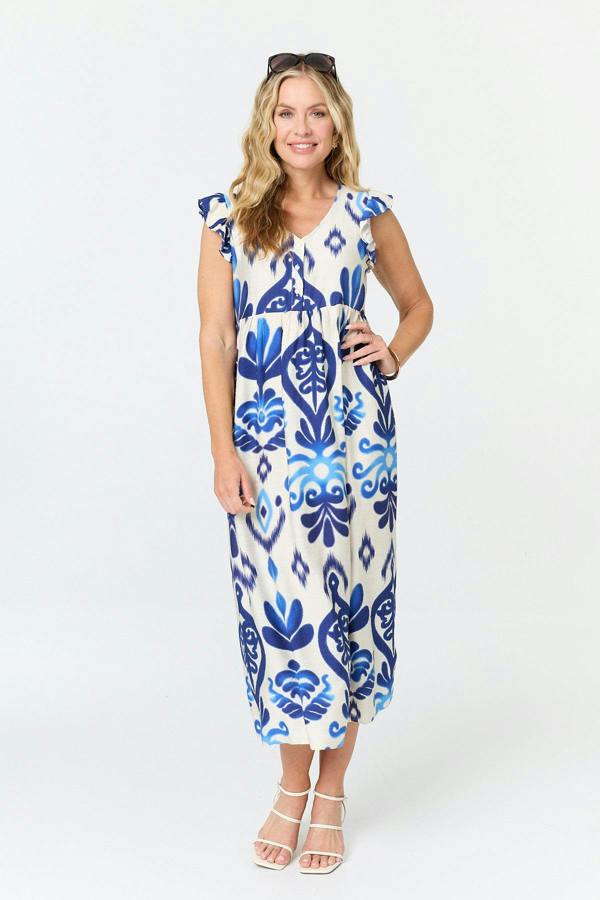 Blue | Printed Cap Sleeve Relaxed Maxi Dress