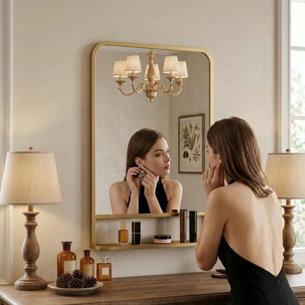 Bobobiy Modern Rectangular Wall Mirror with Storage Shelf, 70 x 50 cm, Gold Tone