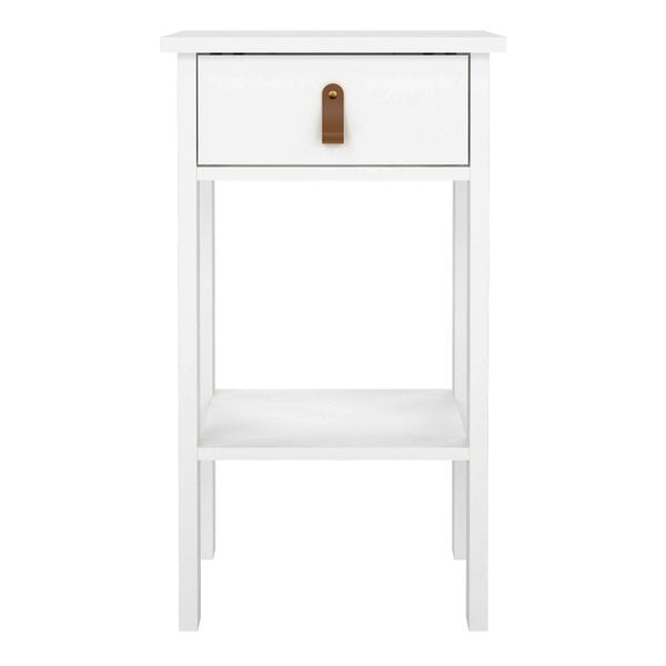 Wyld Haus Wildberry Matt White Wooden Bedside Table with 1 Drawer Bottom Shelf Leather Handles