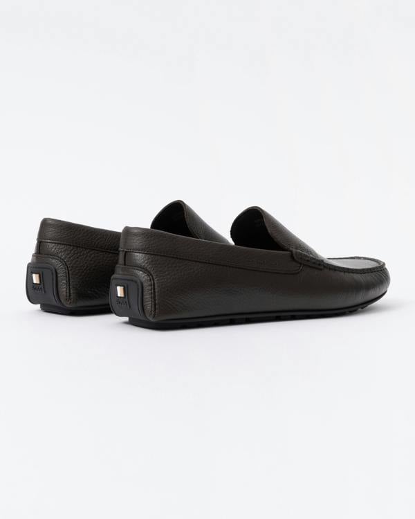 BOSS Orange Noel Mens Tumbled - Leather Loafers with Driver Sole - Dark Brown 201 | CHO | Designer Mens Shoes