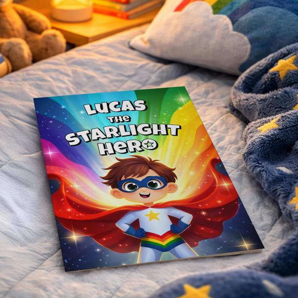 The front cover of the Personalised Starlight Hero Story Book for Boys from Abode Home & Gifts customised with the name Lucas, resting flat on a child's quilted blue bedspread next to a soft star-patterned blanket and rainbow pillow.