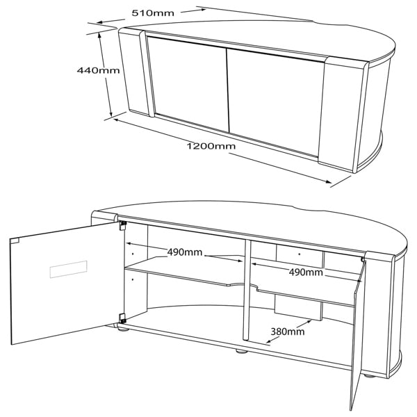 MDA Designs Sirius 1200 Black with Remote Friendly Beam Thru Glass Door and Walnut/Oak Profiles for up to 55" LCD/Plasma/LED Cabinet TV Stand