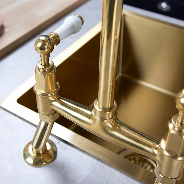 Flode Larvik | Kitchen Dual Lever Bridge Mixer Tap | Polished Brass Finish