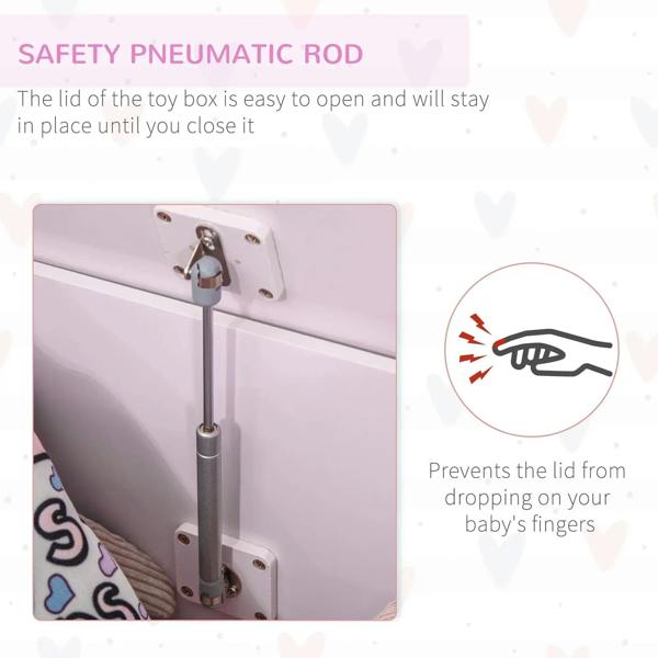 Pink wooden toy box with safety pneumatic rod hinge that helps hold the lid open.