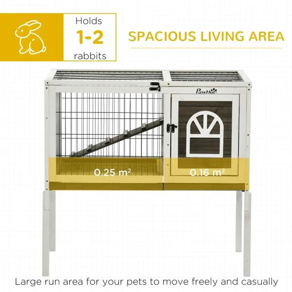 White wooden rabbit hutch with wire enclosure and front opening door