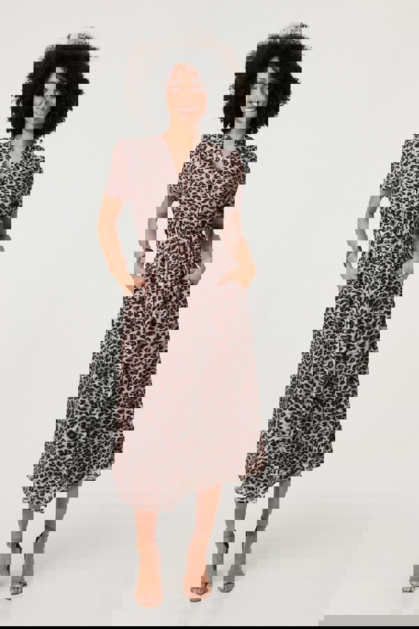 Beige | Animal Print Belted Midi Shirt Dress
