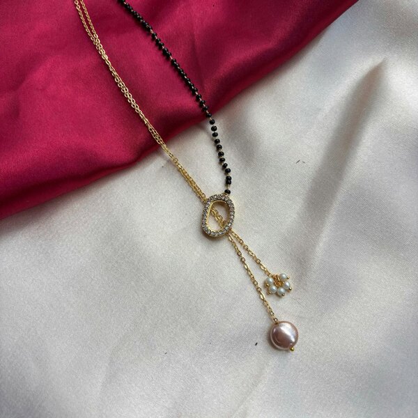 The Colourful Aura Half Black Bead Gold plated Oval Pearl Y shape Lariat Mangalsutra