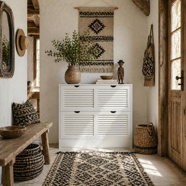 Wyld Haus Nelu Neka Wooden White Slim Entryway Shoe Cabinet With 2 Flip Drawers Slatted Design