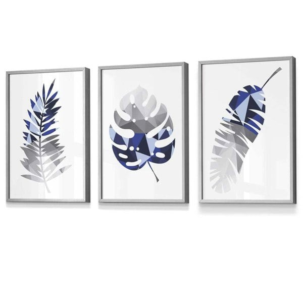 Artze Wall Art GEOMETRIC Set of 3 Blue & Grey Tropical Leaves Framed Prints
