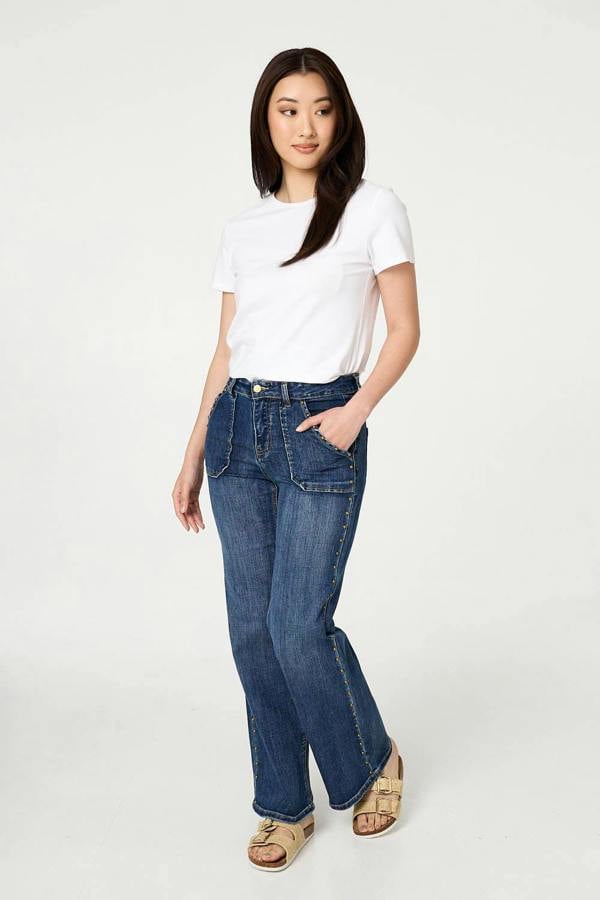 Blue | Stud Trim Detail High Waist Flare Jeans