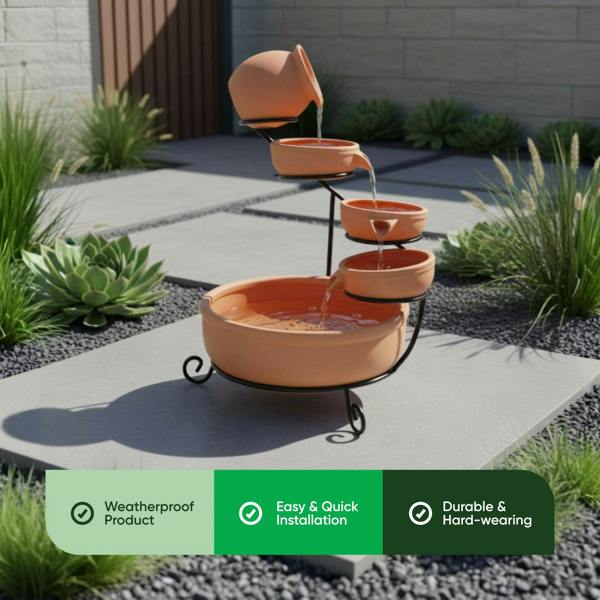 Gardenwize Solar Powered Cascading Terracotta Water Feature – 4 Tier Garden Fountain with Battery Backup