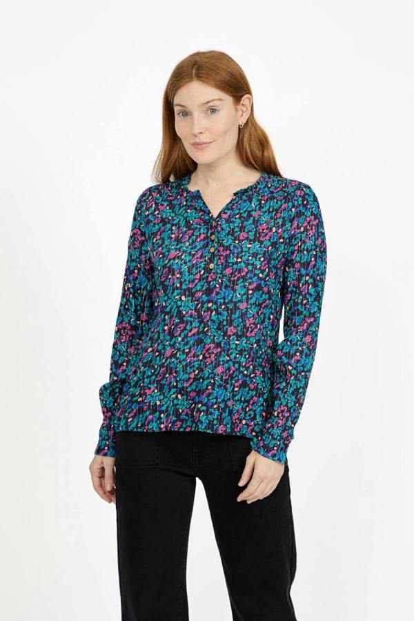 Mudflower Floral Printed Button-Up Blouse with Ruffle Detailing