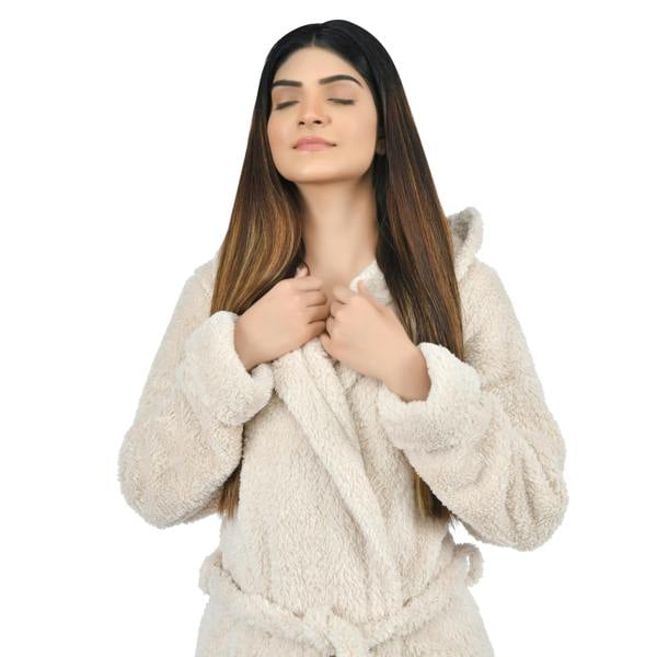 Smart Living Women's Faux Fur Fleece Hooded Bathrobe- Natural