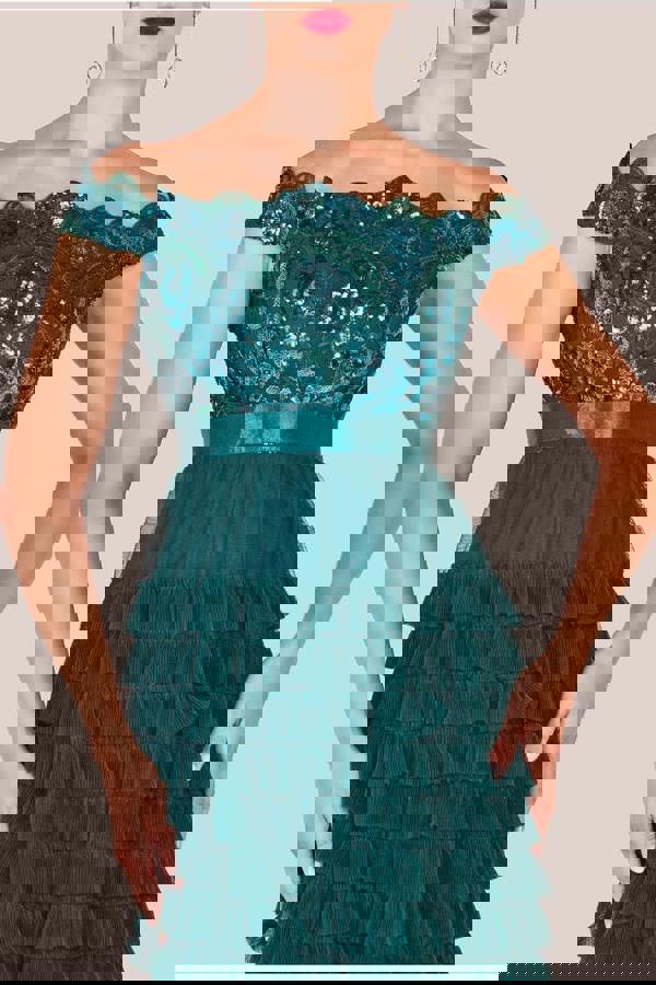 Scallop Bardot Ruffle Mesh Maxi - Emerald Green DR3742