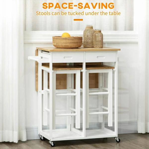 Space-saving white kitchen island cart with stools tucked underneath