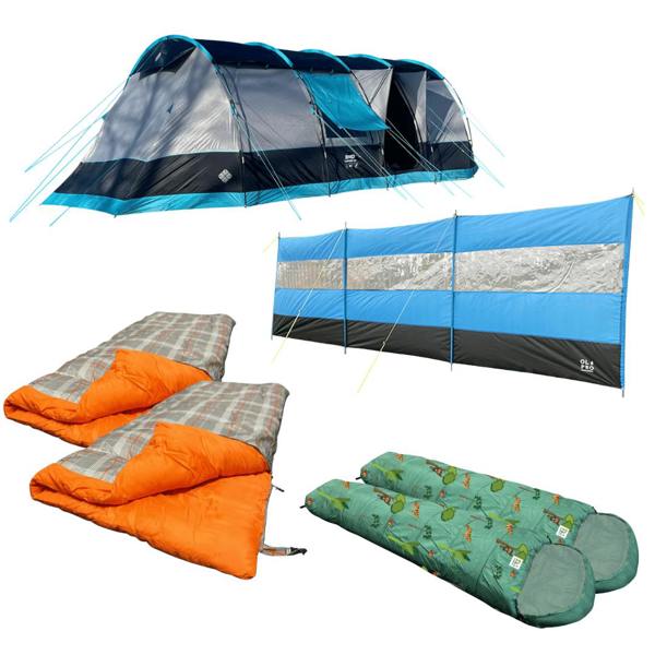 The OLPRO Family Bundle consisting of the Stafford 8.0 Tent, Compact Vision Windbreak in Blue,  2x Hish Pattern Single Sleeping Bags and 2x Kids Jungle Pattern Sleeping Bags